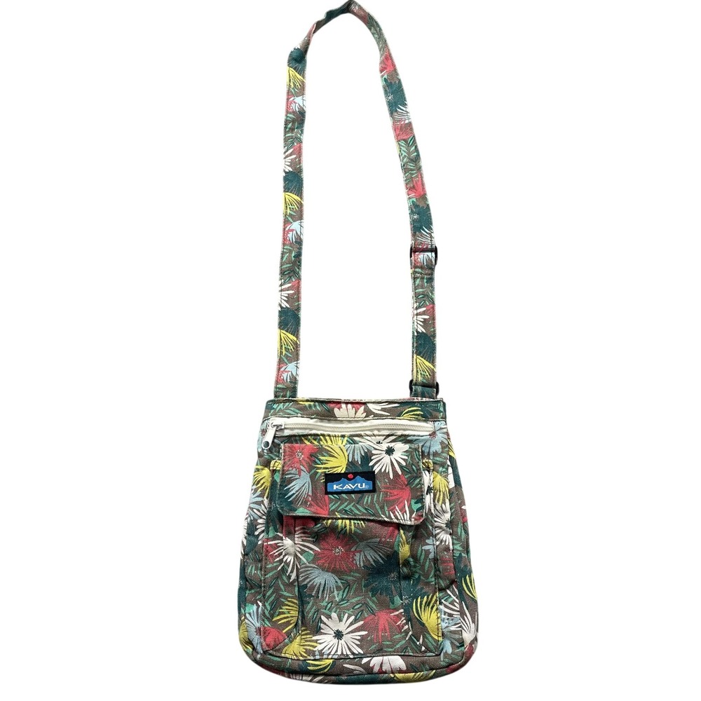 KAVU Crossbody Bag Womens Small Multicolor Floral Canvas 9"x10" Tropical Print